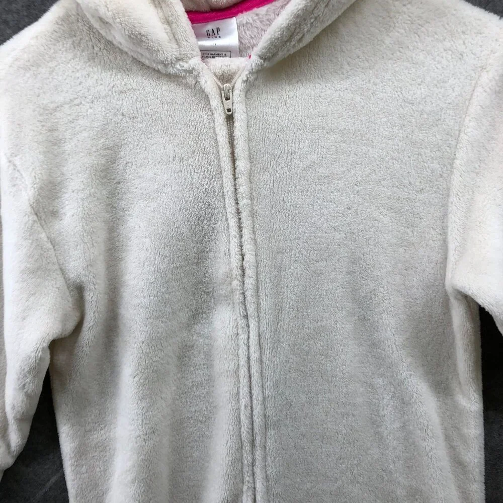 Gap Girls Size 12 One Piece Fleece Pajama Jumpsuit Unicorn Hooded‎ Plush Ivory